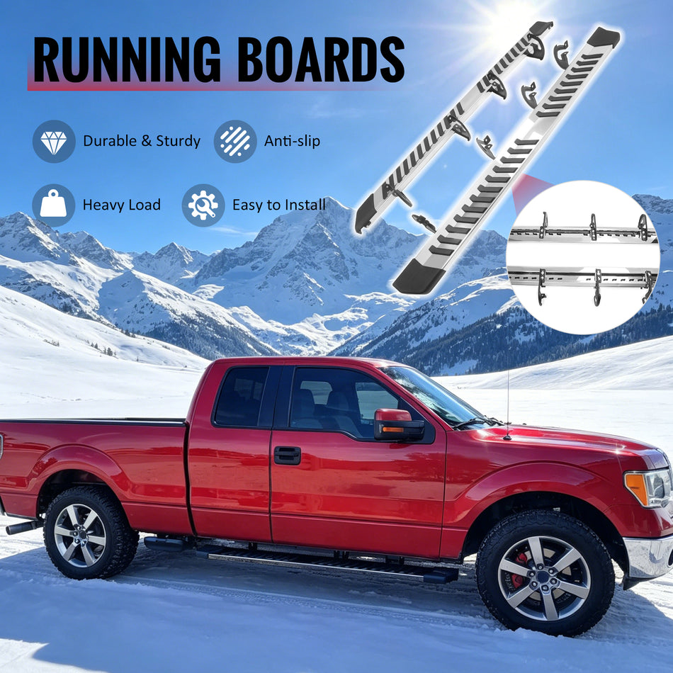 IKON MOTORSPORTS 6" Running Boards, Compatible with 2004-2014 Ford F-150 F150 SuperCab (Extended Cab), OE Style PP Pad Stainless Steel Black Silver Side Step Rail Nerf Bars