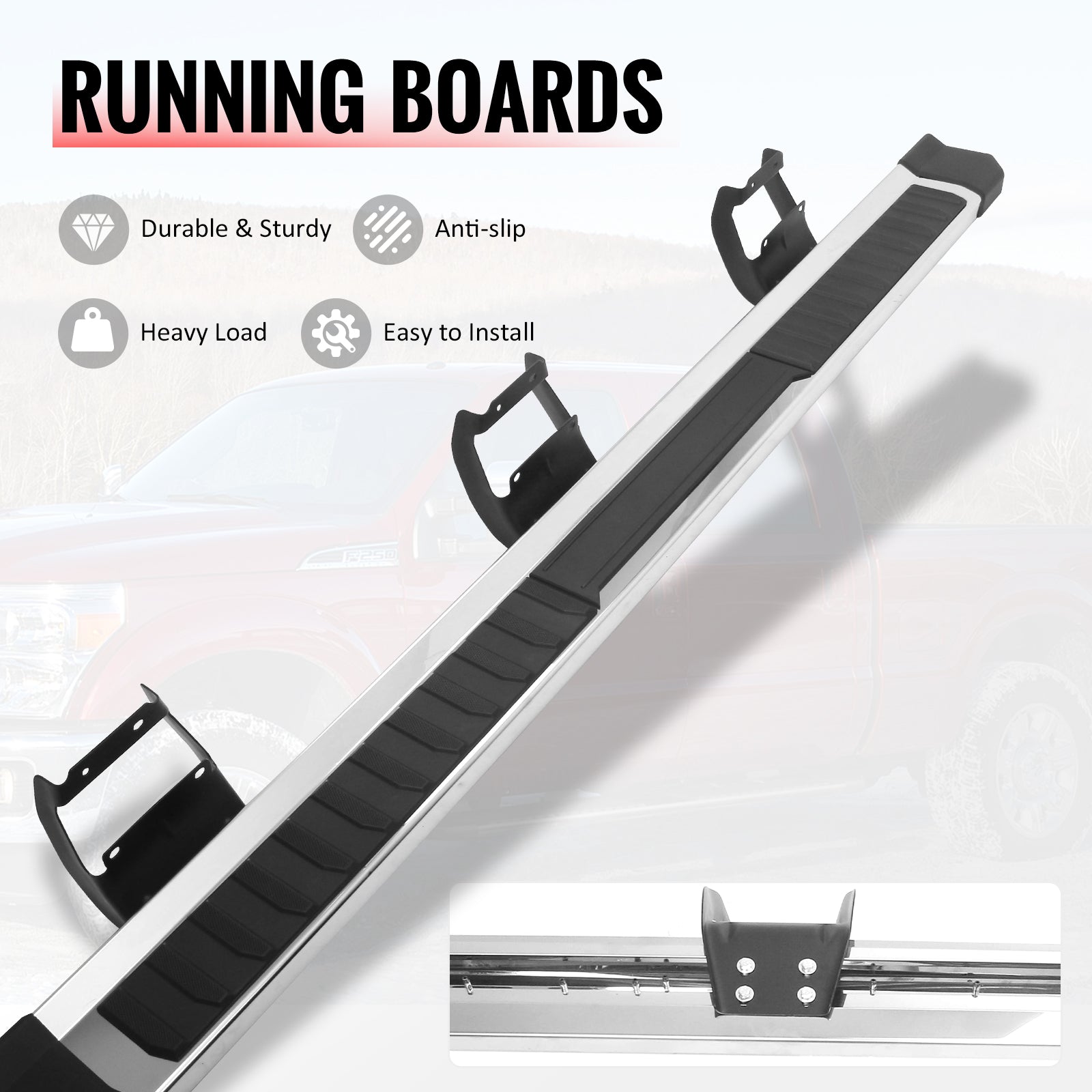 IKON MOTORSPORTS 6" Running Boards, Compatible with 2004-2014 Ford F-150 F150 SuperCrew Cab (Crew Cab), 2021 F150 OE Style PP Pad Stainless Steel Black Silver Side Step Rail Nerf Bars