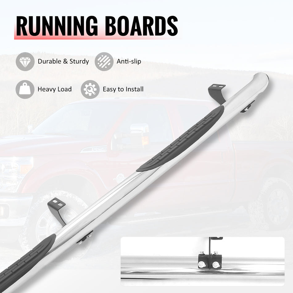 IKON MOTORSPORTS 3" Running Boards, Compatible with 2005-2023 Toyota Tacoma Double/Crew Cab, OE Style PP Pad Stainless Steel Black Silver Side Step Rail Nerf Bars