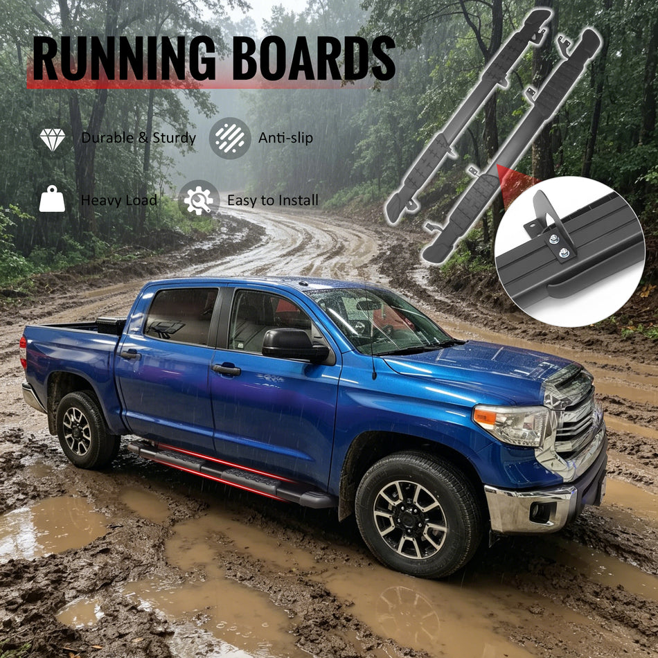 IKON MOTORSPORTS 5" Running Boards, Compatible with 2007-2021 Toyota Tundra CrewMax Cab, OE Style PP Pad Aluminum Black Side Step Rail Nerf Bars