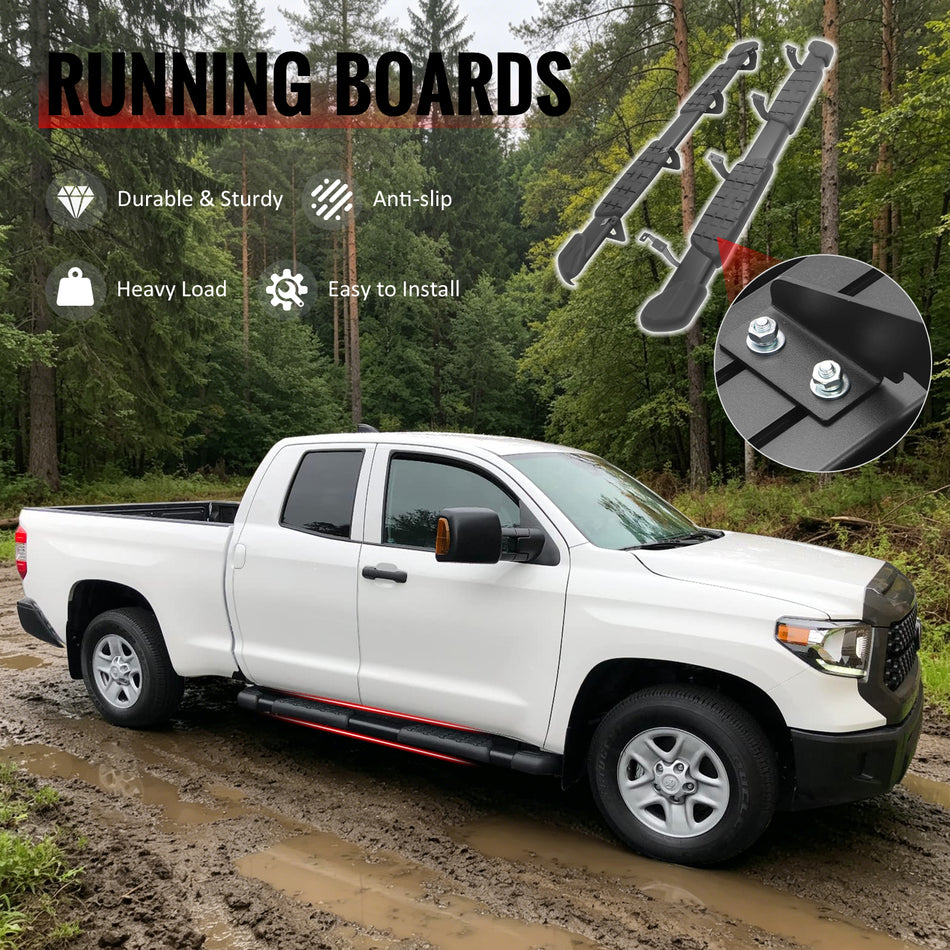 IKON MOTORSPORTS 5" Running Boards, Compatible with 2007-2021 Toyota Tundra Double Cab (Extended Cab), OE Style PP Pad Aluminum Black Side Step Rail Nerf Bars