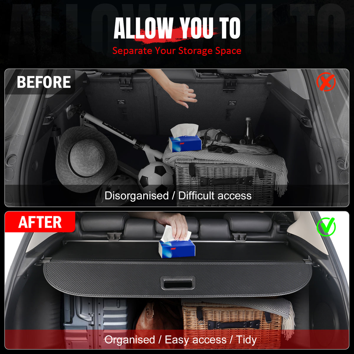 Fits 20-26 Toyota Highlander Retractable Rear Cargo Cover Carbon Fiber Print