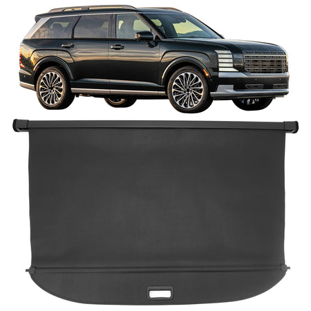 IKON MOTORSPORTS, Rear Retractable Cargo Cover, Compatible with 2026 Hyundai Palisade, Leather Style PVC & Aluminum Rod Trunk Security Luggage Shield Shade, Black