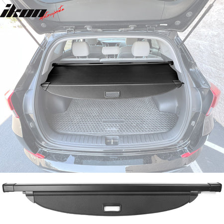 IKON MOTORSPORTS, Rear Cargo Cover Compatible With 2016-2021 Hyundai Tucson, Retractable Rear Trunk Security luggage Cover Black PVC & Aluminum CF Texture Style, 2017 2018 2019 2020