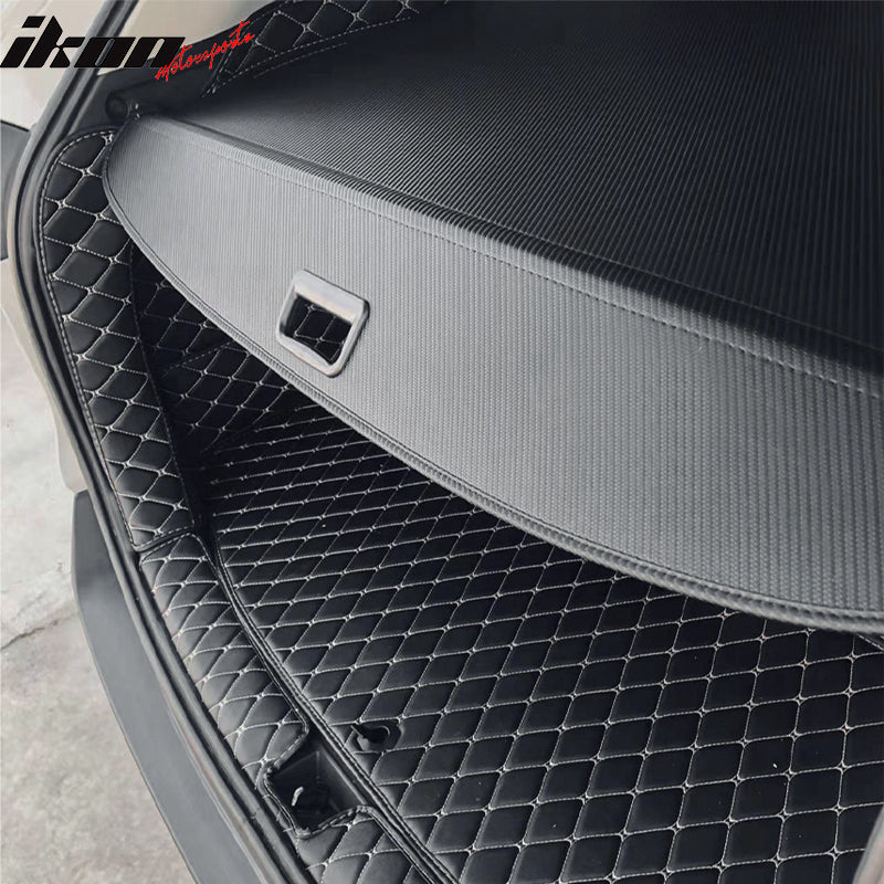 IKON MOTORSPORTS, Rear Cargo Cover Compatible With 2019-2024 Toyota Rav4 & Rav4 Prime, Retractable Rear Trunk Security Cargo Cover Luggage Shade Black PVC & Aluminum CF Texture Style