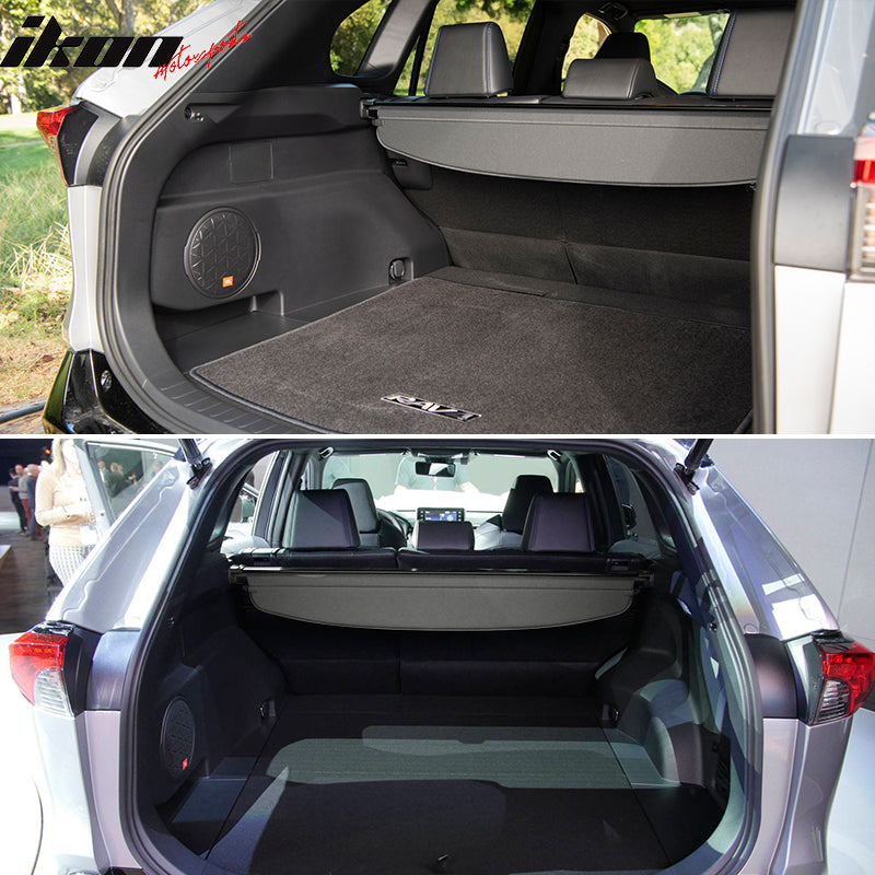 IKON MOTORSPORTS, Rear Cargo Cover Compatible With 2019-2024 Toyota Rav4 & Rav4 Prime, Retractable Trunk Luggage Security Shade Shield Grey,