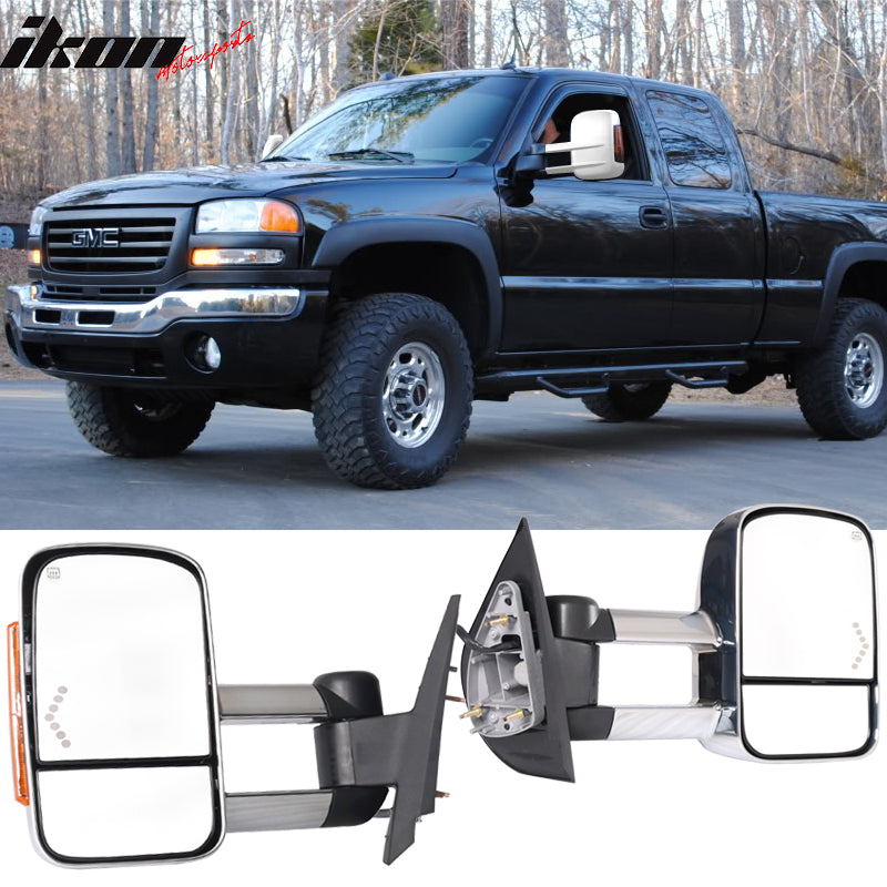 Towing Mirror Compatible With 2007-2014 Chevy Silverado 1500 & 1500HD & 2500HD, Factory Style Chrome Housing Side View Extension Left Right by IKON MOTORSPORTS, 2008 2009 2010 2012 2013
