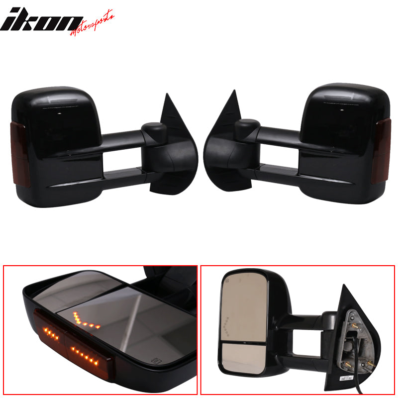 Towing Mirror Compatible With 2007-2014 Chevy Silverado Sierra, Glossy Black Housing Power Heated Signal Arrow Light 2PC by IKON MOTORSPORTS, 2008 2009 2010 2011 2012 2013