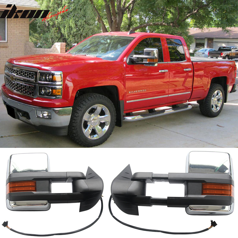 Towing Mirror Compatible With 2007-2014 Silverado, Towing Mirror Power Heat Signal Arrow Clearance Light Chrome 2PC by IKON MOTORSPORTS, 2008 2009 2010 2011 2012 2013