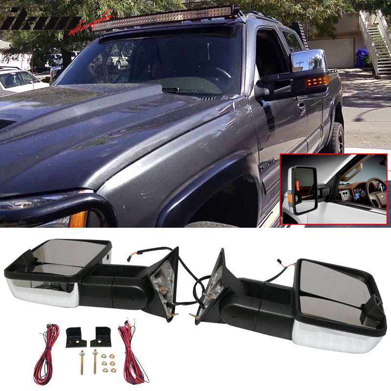 Towing Mirror Compatible With 1988-1998 Chevy C1500, Tow Mirrors Power Turn Signal Arrow Clearance Lamp Chrome by IKON MOTORSPORTS, 1989 1990 1991 1992 1993 1994 1995 1996 1997