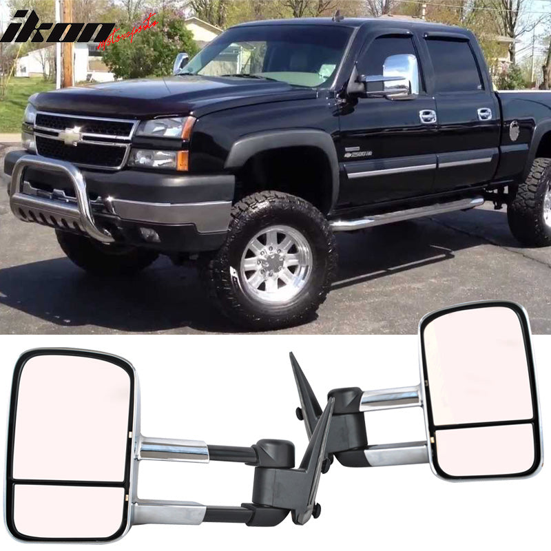 Towing Mirror Compatible With 1999-2007 Chevy Silverado Sierra, Rear View Tow Mirror Manual Chrome Housing Pair by IKON MOTORSPORTS, 2000 2001 2002 2003 2004 2005 2006