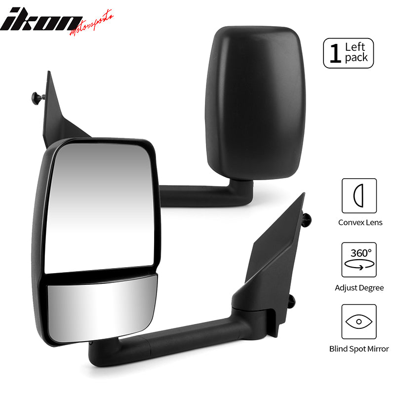 Left Towing Mirror Compatible With 2003-2017 Chevy Express GMC Savana, Side View Tow Mirror Textured Black 1PC by IKON MOTORSPORTS, 2004 2005 2006 2007 2008 2009 2010 2011 2012 2013 2014 2015 2016