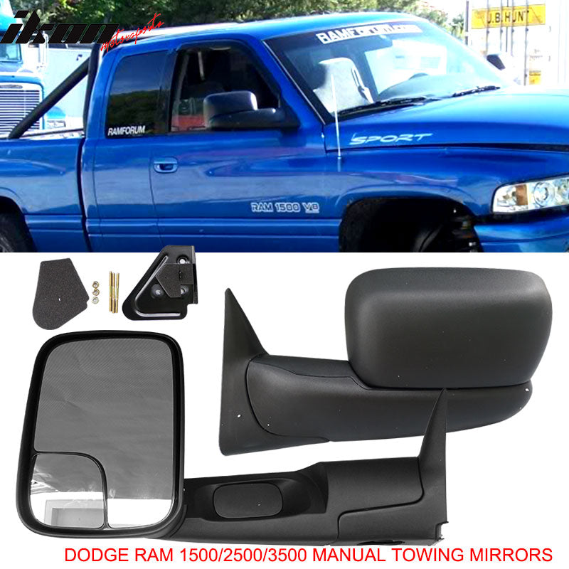 Towing Mirror Compatible With 1994-2001 Dodge Ram 1500 1994-2002 2500 3500, Towing Mirrors Pair + Support Bracket by IKON MOTORSPORTS, 1995 1996 1997 1998 1999 2000