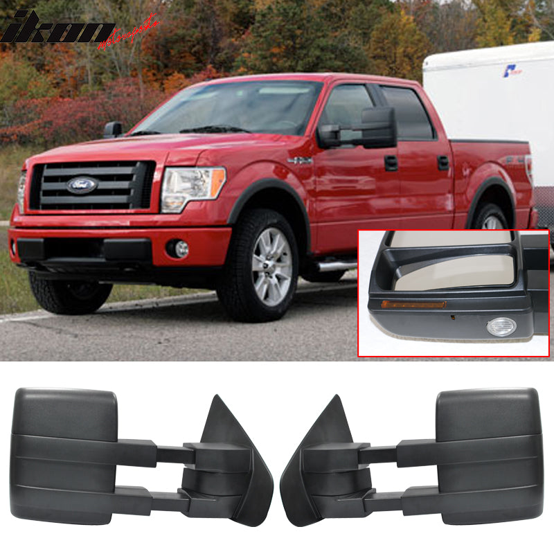 Towing Mirror Compatible With 2007-2014 Ford F150, Towing Mirrors Power Heated Turn Signal Puddle Light LH RH 2PC by IKON MOTORSPORTS, 2008 2009 2010 2011 2012 2013