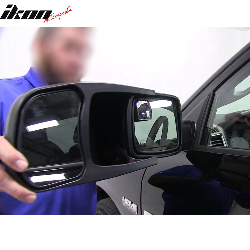 IKON MOTORSPORTS, Side Towing Mirrors Compatible with 2009-2018 Dodge Ram 1500 2500, Side View Towing Mirrors Black, 2010 2011 2012 2013 2014 2015 2016 2017
