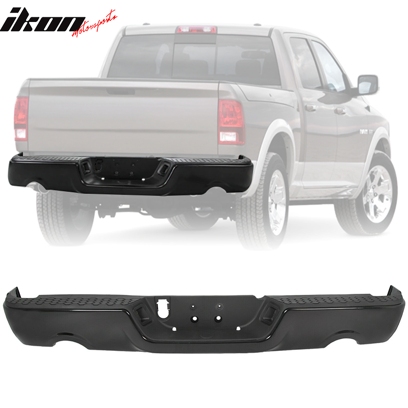 IKON MOTORSPORTS, Rear Step Bumper Compatible With 2009-2018 Dodge RAM 1500, Chrome Rear Steel Bumper Step Pads Retainer Assembly With Dual Exhaust Holes, 2010 2011 2017
