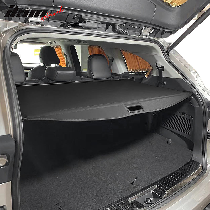 IKON MOTORSPORTS, Rear Cargo Cover Compatible With 2020-2024 Toyota Highlander, Retractable Rear Trunk Security Cargo Cover Luggage Shade Black PVC & ABS & Aluminum Canvas Texture Style, 2021