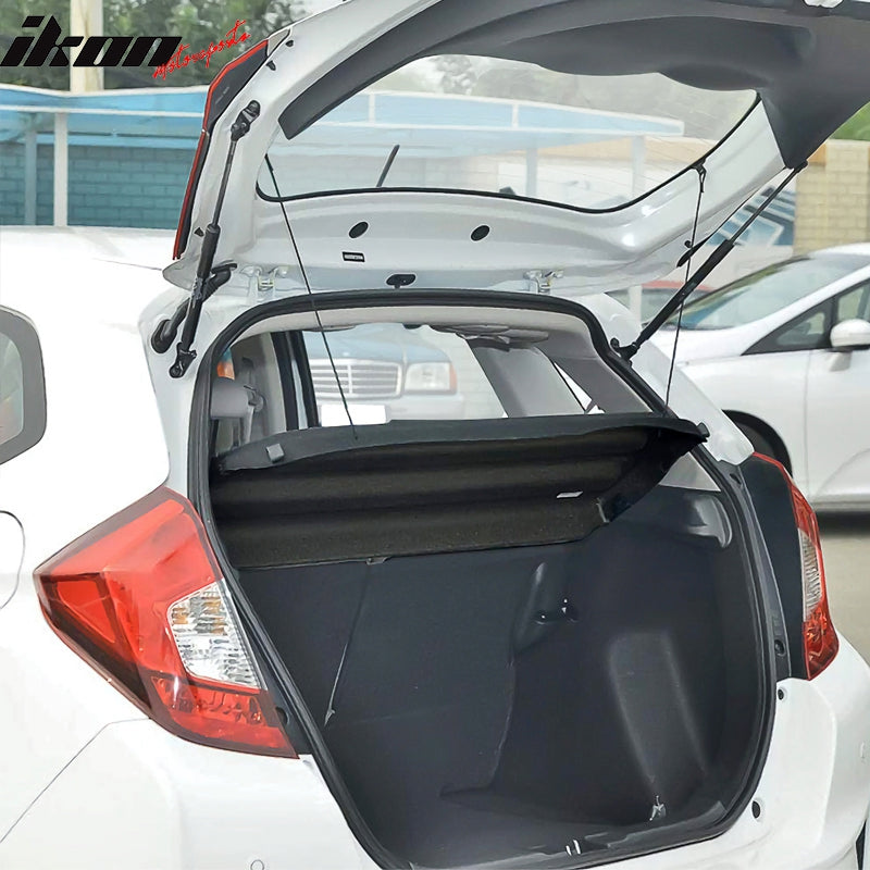 IKON MOTORSPORTS, Rear Cargo Cover Compatible With 2012-2013 Honda Fit, Non Retractable Rear Trunk Security Cargo Cover Tonneau Black Jazz Style