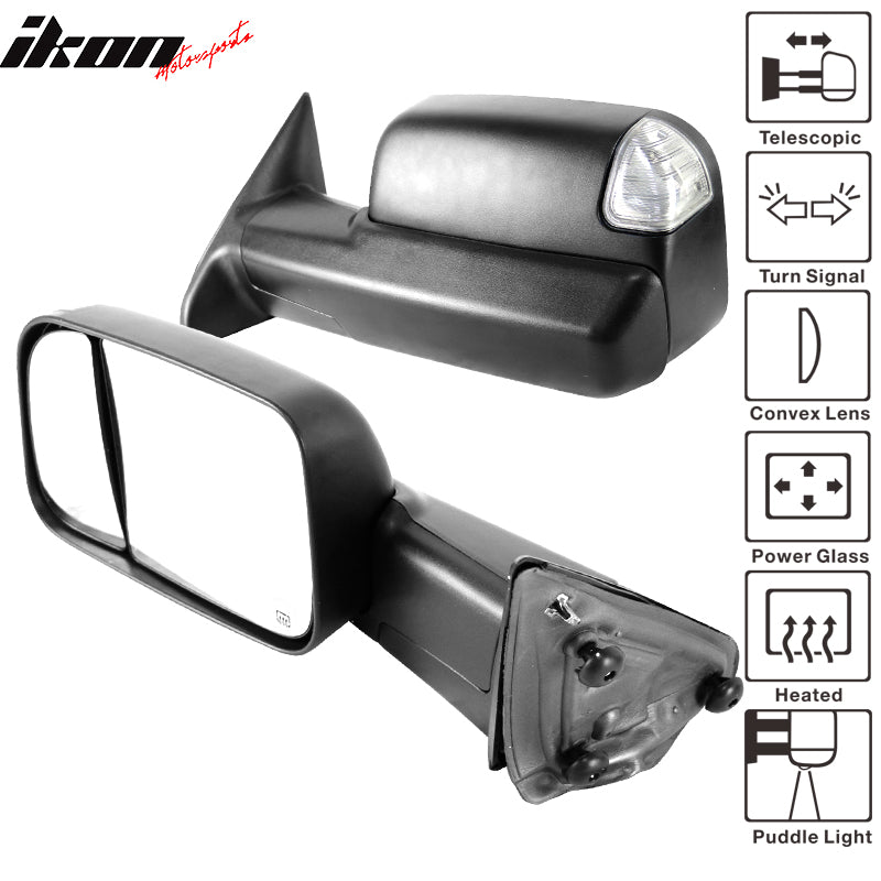 IKON MOTORSPORTS, Towing Mirror Compatible With 2009-2012 Dodge Ram, Telescoping Power Heated Puddle Light Signals Tow Mirror 2PC