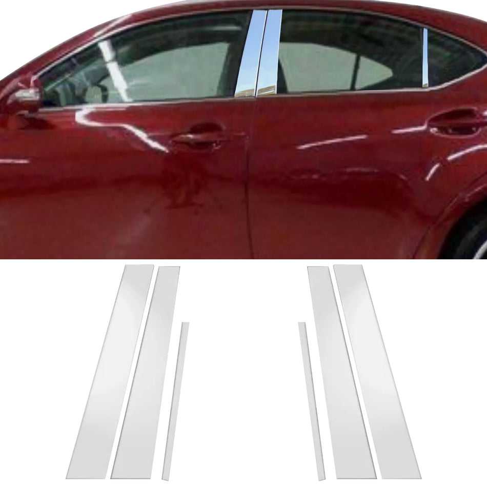 IKON MOTORSPORTS, Window Pillar Posts Compatible With 2006-2013 Lexus IS250 IS350 Sedan, 6PCS Front Rear Side Door Mirror Pillar Molding Cover Trims Stainless Steel Chrome
