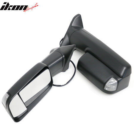 IKON MOTORSPORTS, Towing Mirrors Compatible With 2009-2023 Dodge Ram 1500 Classic/Ram 2500/Ram 3500, Textured Black Side View Towing Mirror Power Heated with Turn Signal & Puddle Light, Pair