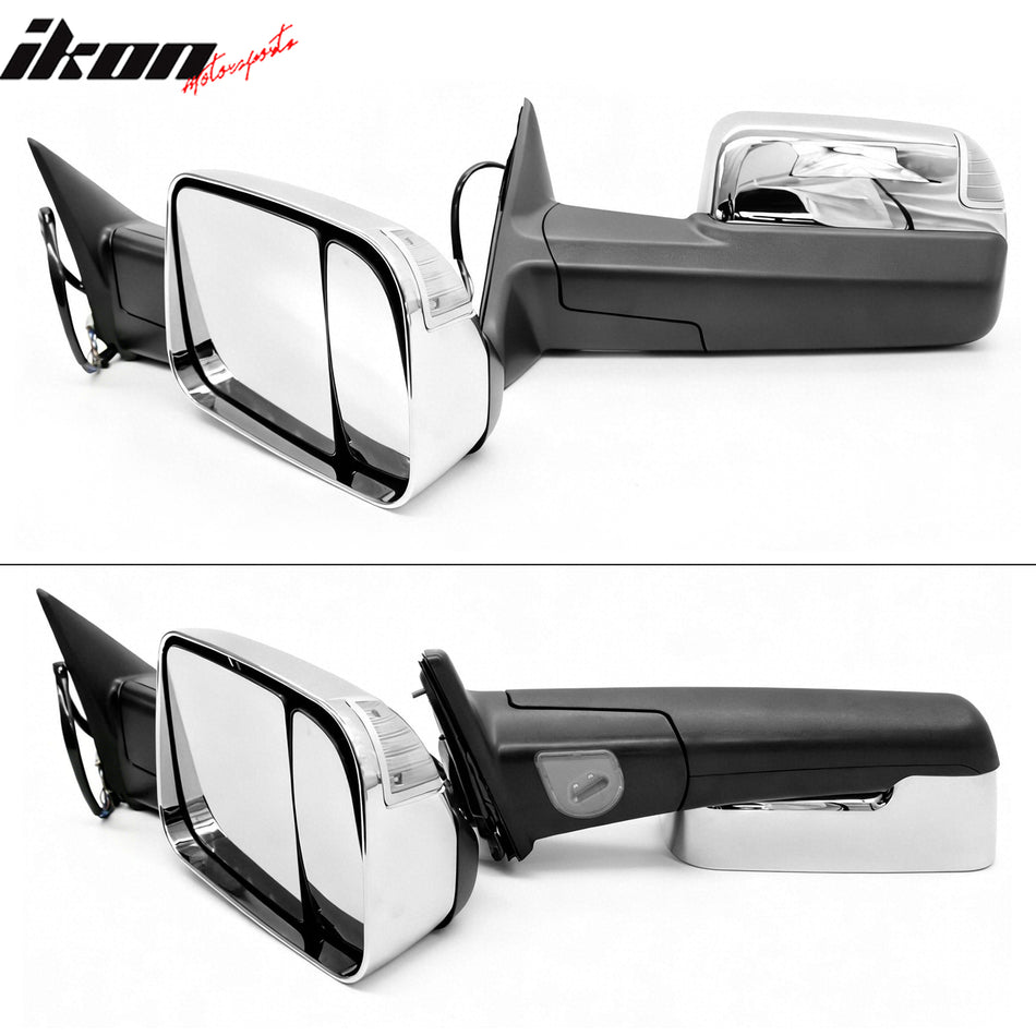 IKON MOTORSPORTS, Towing Mirrors Compatible With 2009-2012 Dodge Ram 1500 2010-2012 Ram 2500 3500, Black Housing w/ Chrome Cover Power Heated Side View Mirrors w/ Memory/Turn Signal & Puddle Light