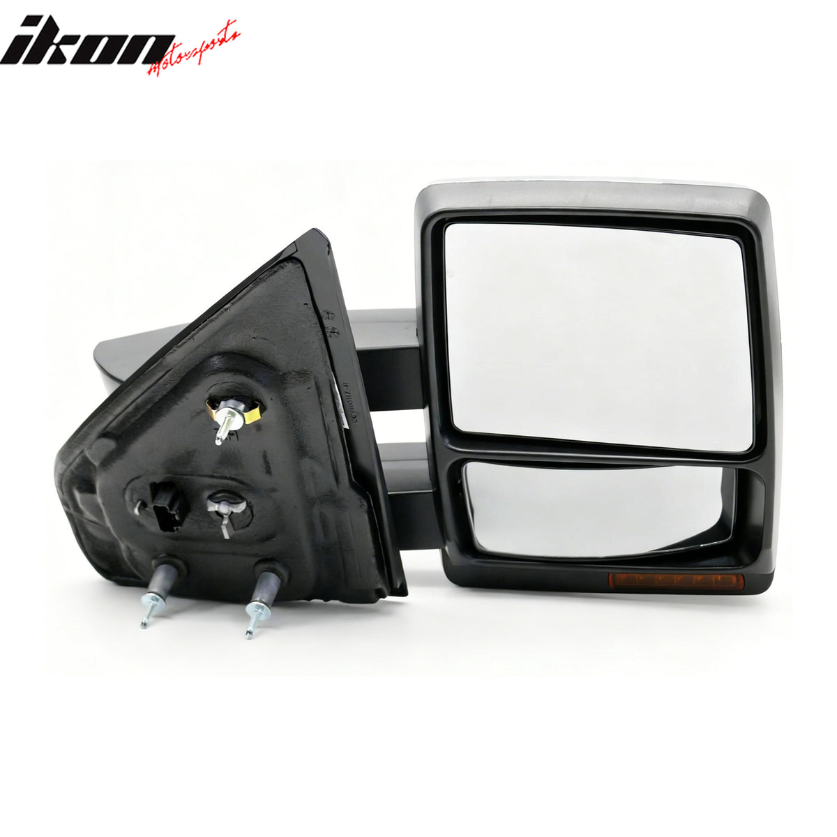 IKON MOTORSPORTS, Towing Mirrors Compatible With 2007-2014 Ford F-150, Black Housing w/ Chrome Cover Power Heated Side View Mirrors with Memory LED Turn Signal & Puddle Light, Pair