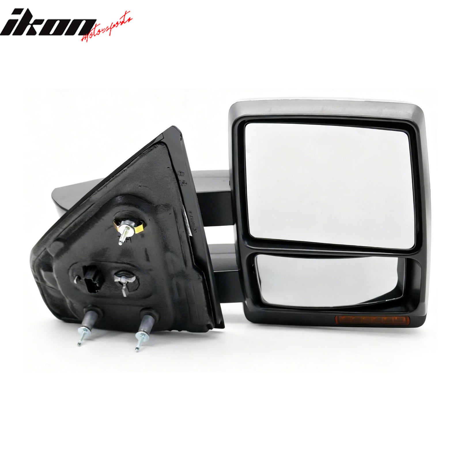 IKON MOTORSPORTS, Towing Mirrors Compatible With 2007-2014 Ford F-150, Black Housing w/ Chrome Cover Power Heated Side View Mirrors with Memory LED Turn Signal & Puddle Light, Pair