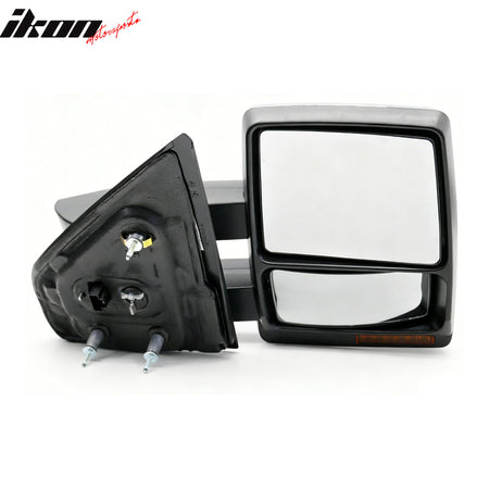 IKON MOTORSPORTS, Towing Mirrors Compatible With 2007-2014 Ford F-150, Black Housing w/ Chrome Cover Power Heated Side View Mirrors with Memory LED Turn Signal & Puddle Light, Pair
