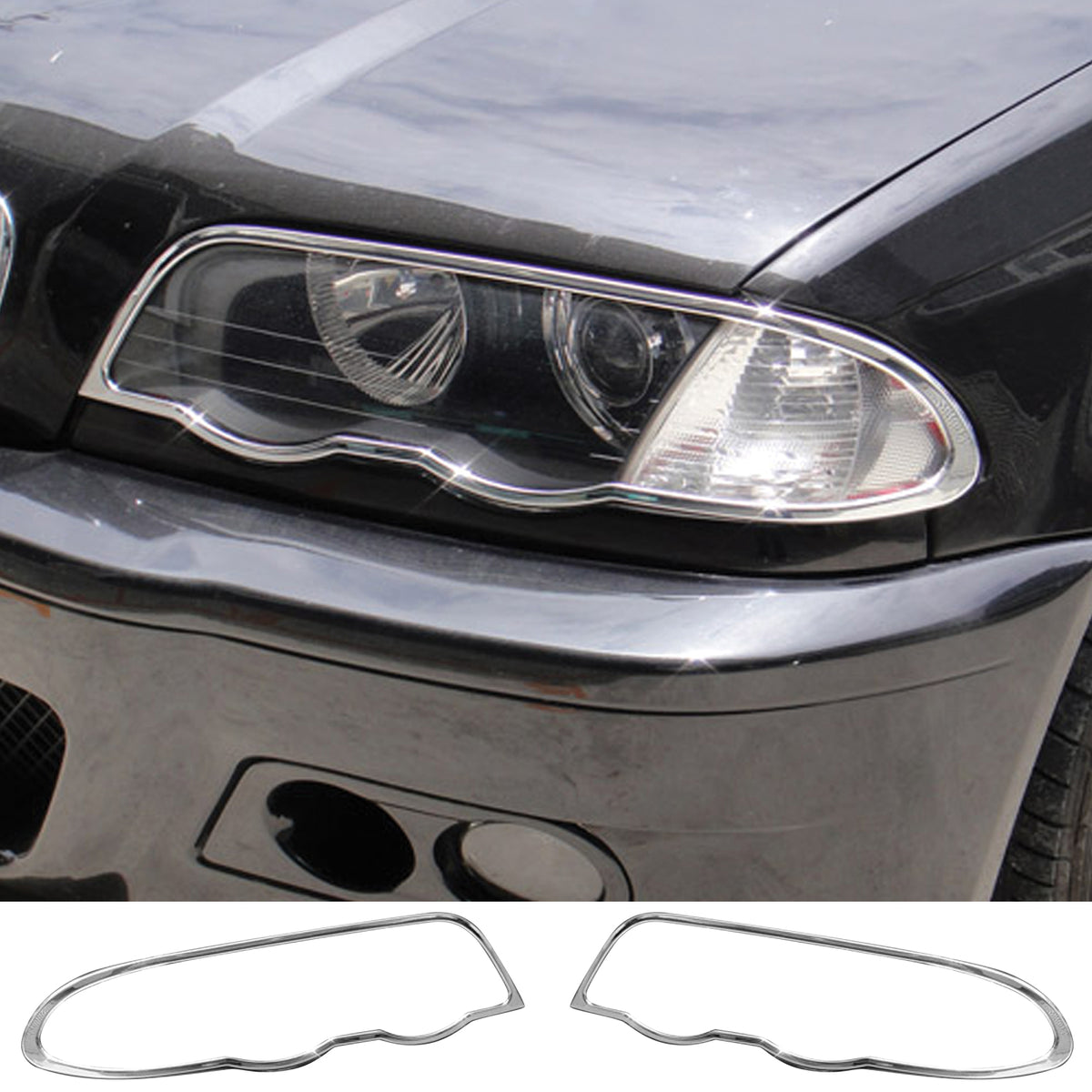 IKON MOTORSPORTS, Headlight Bezel Compatible with 1999-2001 BMW 3-Series E46 Sedan, Chrome ABS Front Head Lights Lamps Exterior Cover Frames Trim Accessories Pair