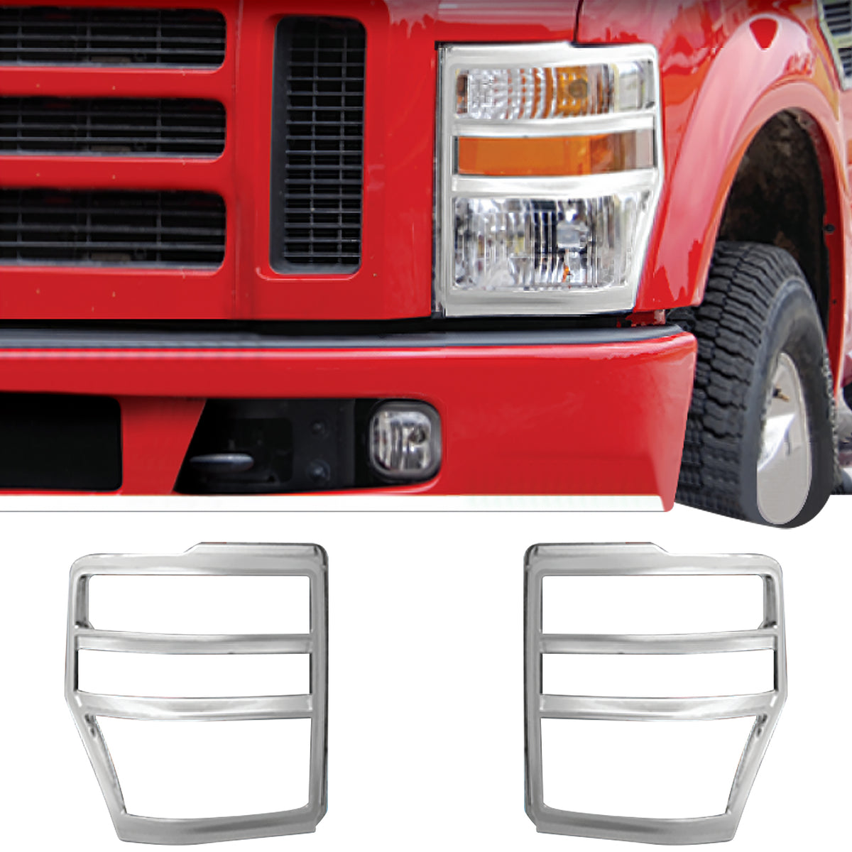 IKON MOTORSPORTS, Headlight Bezel Compatible with 2008-2010 Ford F-250 Super Duty, Chrome ABS Front Head Lights Lamps Exterior Cover Frames Trim Surround Rim Accessories Pair
