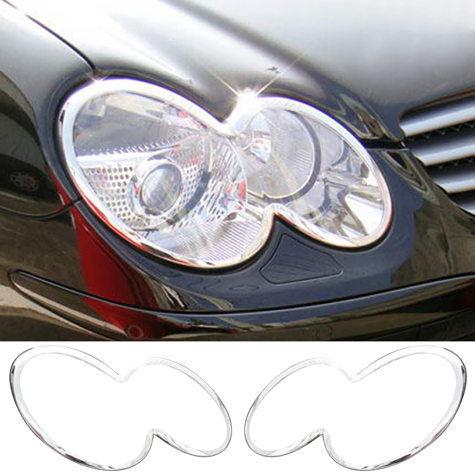 IKON MOTORSPORTS, Headlight Bezel Compatible with 2003-2008 Mercedes-Benz SL-Class-R230, Chrome ABS Front Head Lights Lamps Exterior Cover Frames Trim Accessories Pair