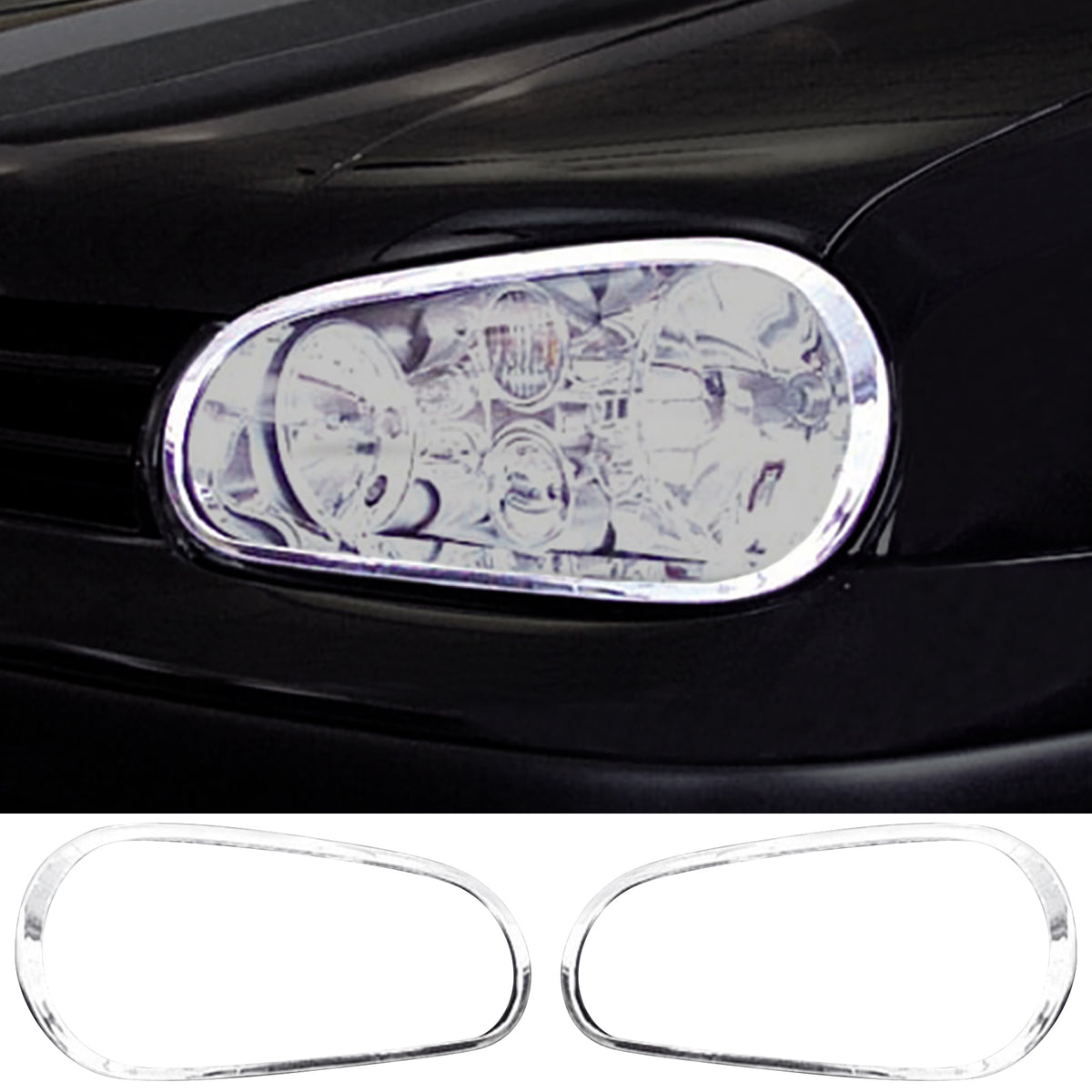 IKON MOTORSPORTS, Headlight Bezel Compatible with 1999-2005 Volkswagen Golf 4 / GTI, Chrome ABS Front Head Lights Lamps Exterior Cover Frames Trim Accessories Pair