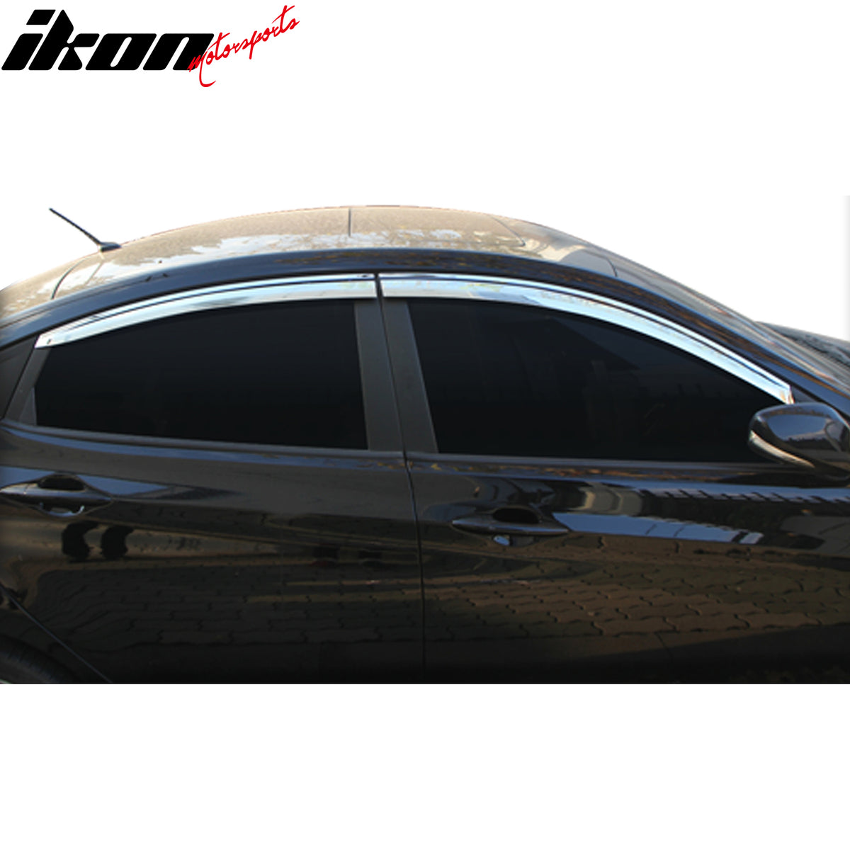 IKON MOTORSPORTS Tape on Window Visors Compatible with 2012-2017 Hyundai Accent Sedan, ABS Chrome Rain Guards, Side Window Wind Deflectors 4PCS