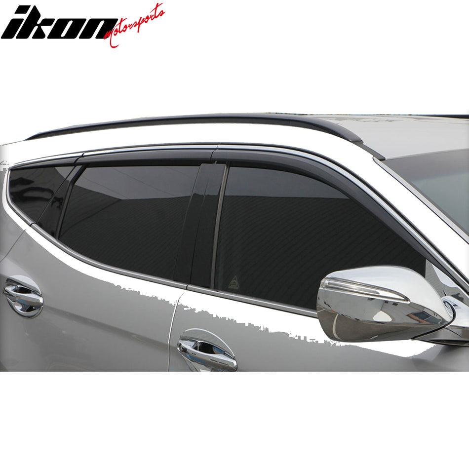 IKON MOTORSPORTS Tape on Window Visors W/ Chrome Trim Compatible with 2014-2016 Hyundai Santa Fe Sport, ABS Black with Chrome Trim Rain Guards, Side Window Wind Deflectors 6PCS