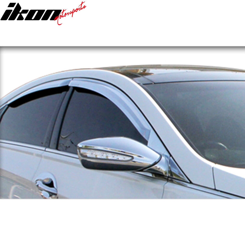 IKON MOTORSPORTS Tape On Window Visors Compatible with 2011-2014 Hyundai Sonata, ABS Plastic Chrome Rain Guards, Side Window Wind Deflectors 4PCS