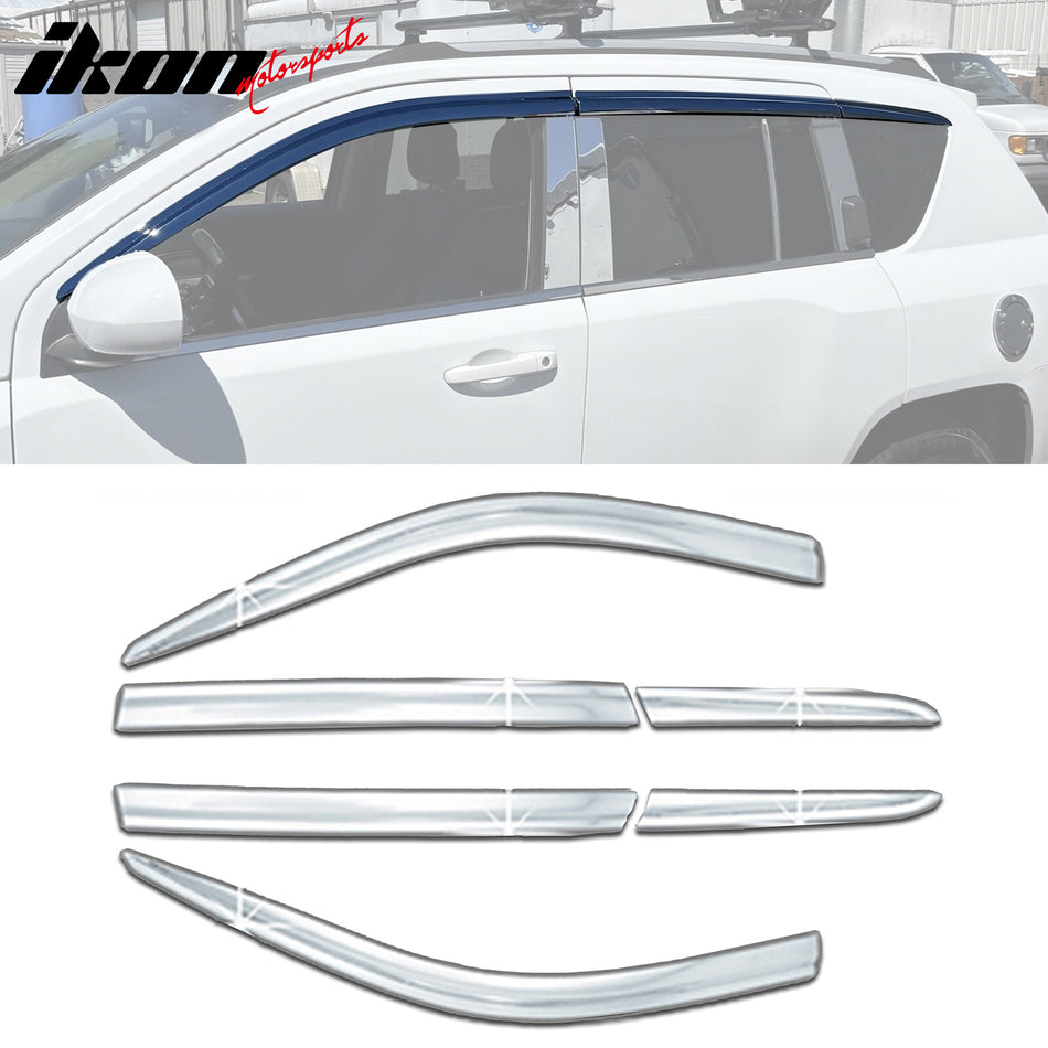 2007-2017 Jeep Compass Window Visor ABS Chrome Sun Rain Guard 6PC Vent