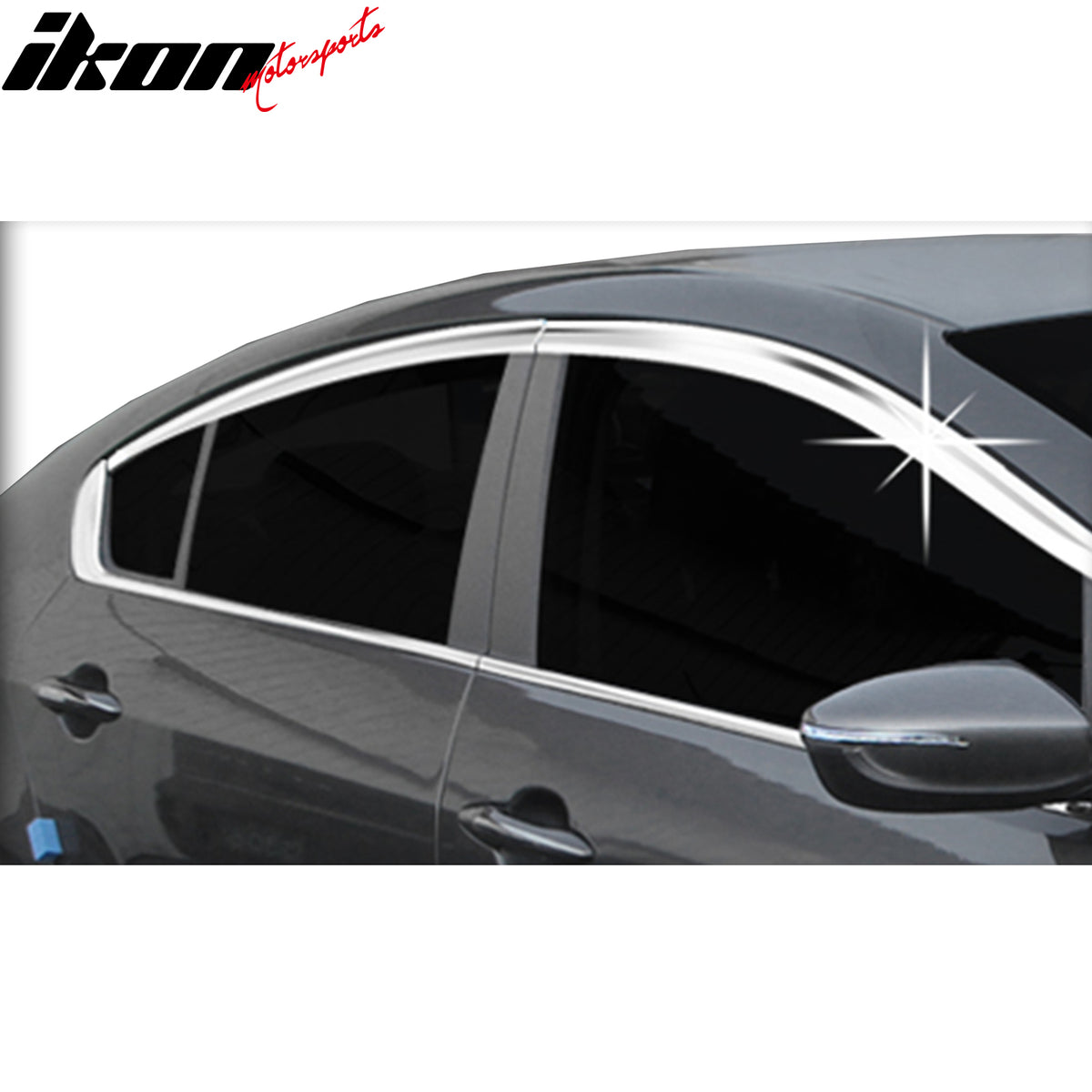 IKON MOTORSPORTS Tape on Window Visors Compatible with 2014-2018 Kia Forte Sedan, ABS Chrome Rain Guards, Side Window Wind Deflectors 4PCS