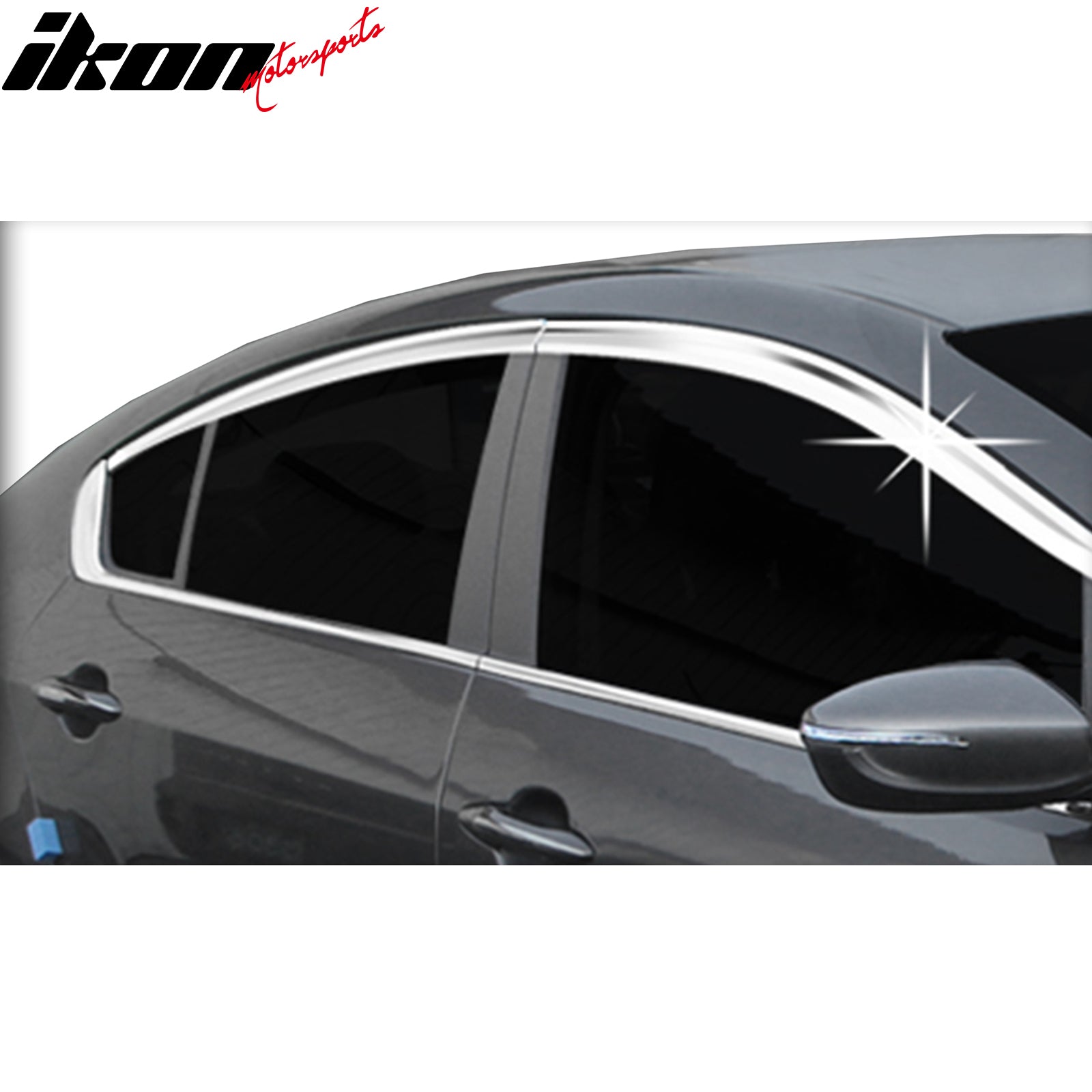 IKON MOTORSPORTS Tape on Window Visors Compatible with 2014-2018 Kia Forte Sedan, ABS Chrome Rain Guards, Side Window Wind Deflectors 4PCS