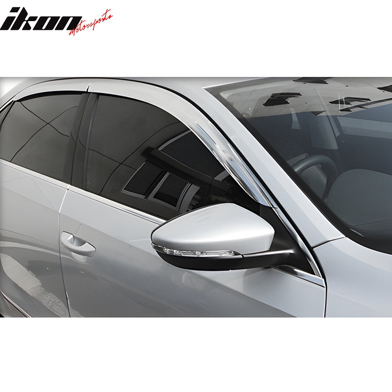 IKON MOTORSPORTS Tape on Window Visors Compatible with 2012-2019 Volkswagen Passat, ABS Plastic Chrome Rain Guards, Side Window Wind Deflectors 4PCS