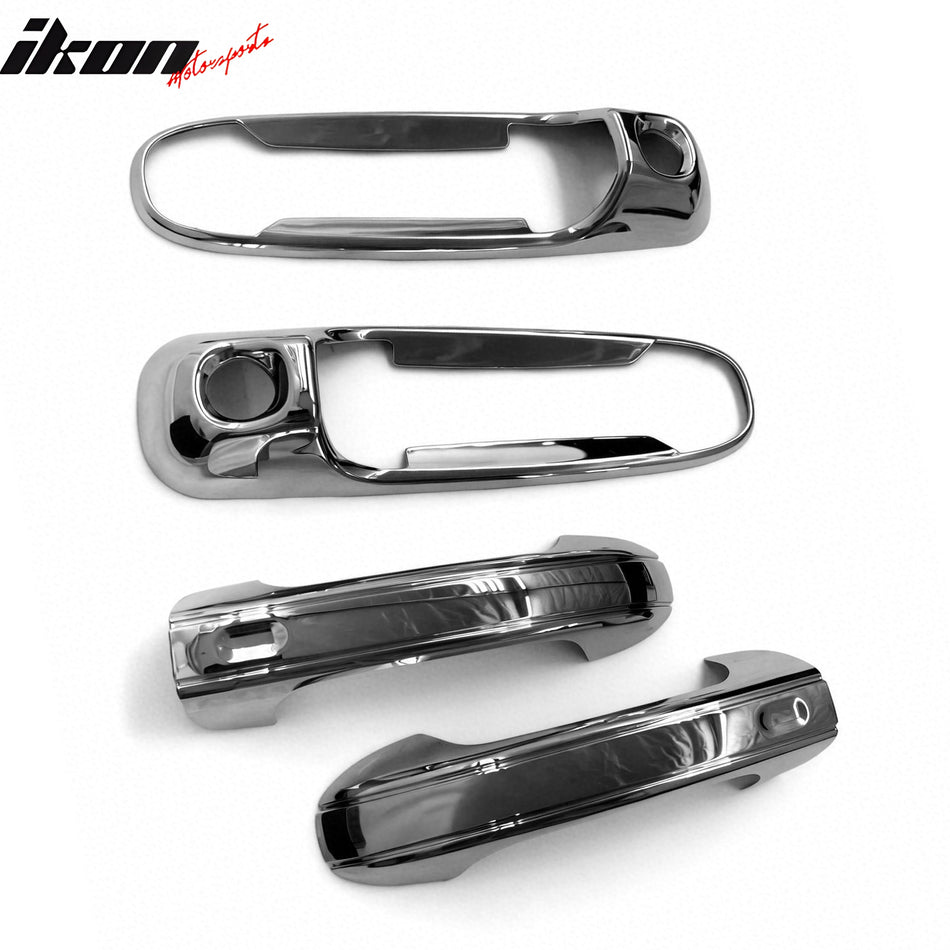 IKON MOTORSPORTS Door Handle Cover with 2 Keyhole, Compatible with 2005-2010 Dodge Dakota, 2002-2008 Ram 1500 2500 3500, Chrome ABS Door Handle Protector Cap, 4PCS