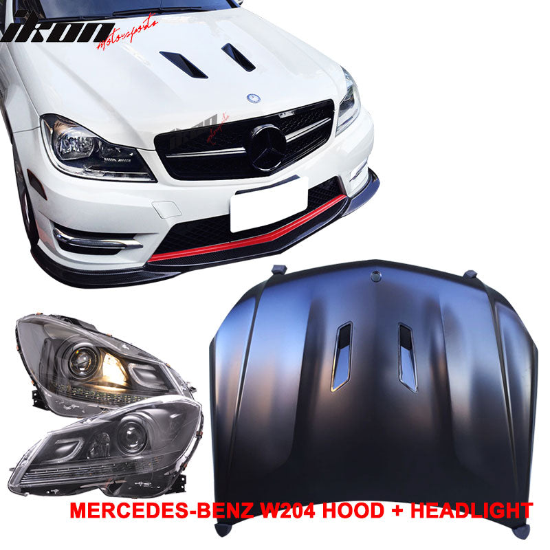 Fits 12-14 W204 C-Class Black Series CF Hood + Projector DRL Headlight