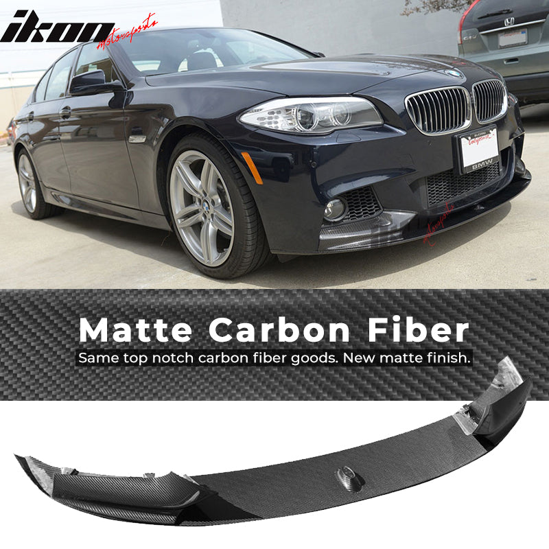 IKON MOTORSPORTS, Matte Carbon Fiber Front Bumper Lip Compatible With 2011-2016 BMW F10, 5 Series M-Tech M Sport P Style Front Lip Spoiler, 2012 2013 2014 2015