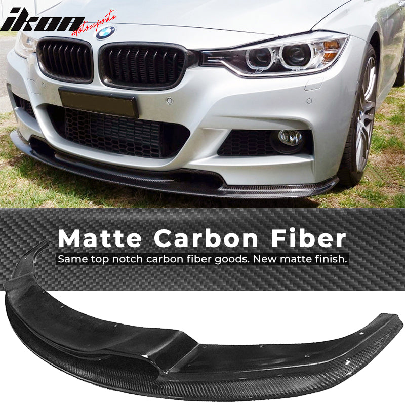 IKON MOTORSPORTS, Matte Carbon Fiber Front Bumper Lip Compatible With 2012-2018 BMW F30 F31, M-Tech M Sport VR Style Front Lip Spoiler, 2013 2014 2015 2016 2017