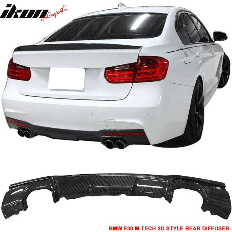 IKON MOTORSPORTS, Matte Carbon Fiber Rear Diffuser Compatible With 2012-2018 BMW F30, 3 Series Sedan 3D Style Rear Bumper Lip, 2013 2014 2015 2016 2017