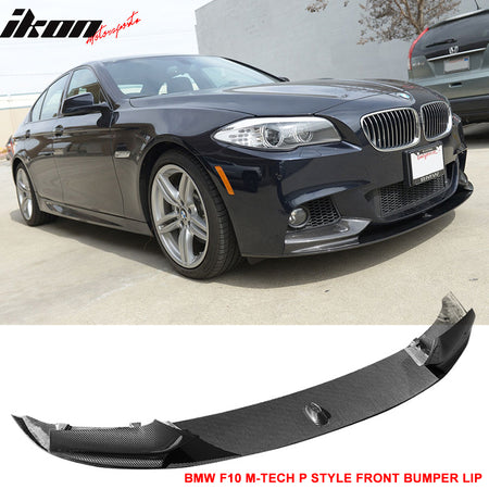 IKON MOTORSPORTS, Matte Carbon Fiber Front Bumper Lip Compatible With 2011-2016 BMW F10, 5 Series M-Tech M Sport P Style Front Lip Spoiler, 2012 2013 2014 2015