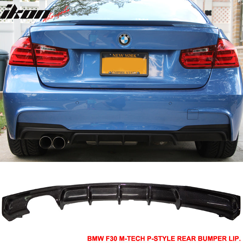 IKON MOTORSPORTS, Matte Carbon Fiber Rear Diffuser Compatible With 2012-2018 BMW F30, 3 Series M-Tech M Sport P Style Rear Bumper Lip, 2013 2014 2015 2016 2017