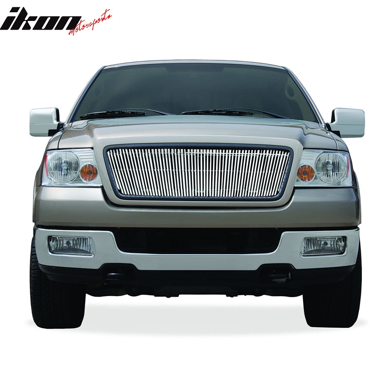 IKON MOTORSPORTS, Front Grille Compatible With 2004-2008 Ford F-150, Front Bumper Upper Hood Grille Insert Assembly Replacement Aluminum Polished Silver Vertical Overlay Style