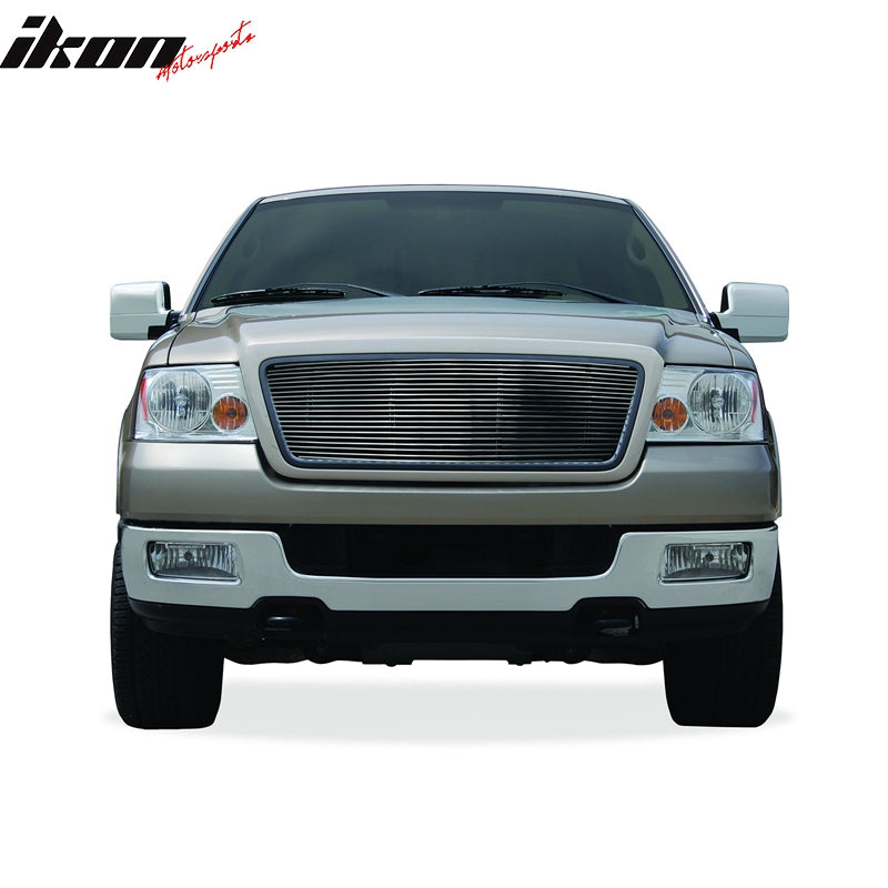 IKON MOTORSPORTS, Front Grille Compatible With 2004-2008 Ford F-150, Front Bumper Upper Hood Grille Insert Assembly Replacement Aluminum Polished Silver Horizontal Overlay Style