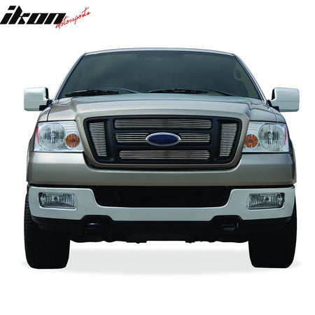 IKON MOTORSPORTS, Front Grille Compatible With 2004-2008 Ford F-150, Front Bumper Upper Hood Grille Insert Assembly Replacement Aluminum Polished Silver Horizontal Overlay Style